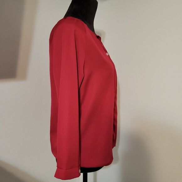 Women's Red Long Sleeve Split V-Neck Button-Down Shirt Size M - Picture 8 of 15
